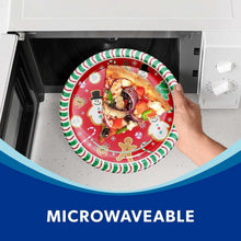 10 in holiday paper plate in microwave, red festive rim with gingerbread and snowmen