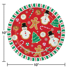 10 in holiday paper plate with red festive icons and green striped border