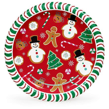 Holiday paper plate with red center, snowmen, gingerbread men, trees, and candy cane icons