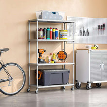 4-tier steel shelving unit with four open shelves and rolling casters, silver finish