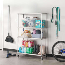 4-tier steel shelving unit with four open shelves, rolling casters, silver finish
