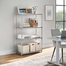 4-tier steel shelving unit with four open shelves and rolling casters, silver finish