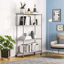 Silver 4-tier steel shelving unit with shelves for books and home decor