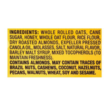 Granola ingredient panel listing oats, honey, almonds, and canola oil on yellow label