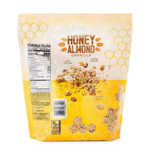 Honey almond granola bag back, nutrition facts and ingredient panel on yellow pouch