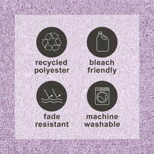 Care icons: recycled polyester, bleach friendly, fade resistant, machine washable.
