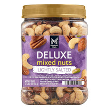 Jar of lightly salted deluxe mixed nuts with gold lid and purple front label