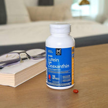Lutein and Zeaxanthin softgel bottle on a table