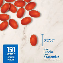 Red softgels with size graphic and 150 softgels, 1 softgel per day