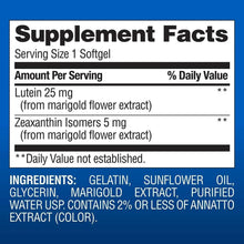 Supplement facts label for Lutein 25 mg and Zeaxanthin 5 mg softgels