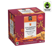 Coffee pod box for Colombian Supremo single-serve cups, medium-dark roast, 100 ct