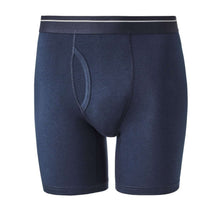Navy cotton stretch boxer briefs, front pouch close-up with dark waistband