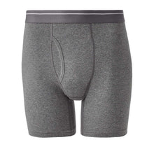 Heather grey cotton stretch boxer briefs, front pouch close-up with dark waistband