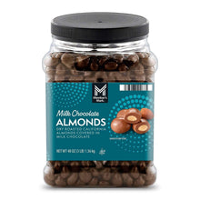 Resealable jar of milk chocolate-covered almonds, black lid and almonds visible through glass