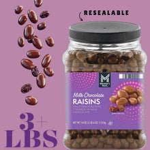 Resealable jar of milk chocolate raisins, purple label with 3 lbs text