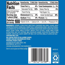 Nutrition facts panel on milk chocolate sea salt caramel jar, ingredients and serving size