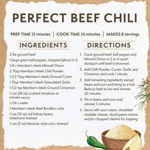 Minced onion seasoning recipe card titled "Perfect Beef Chili" with ingredients and directions