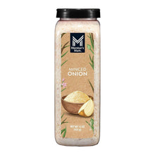 Minced onion seasoning jar with black lid, clear view of minced onion flakes