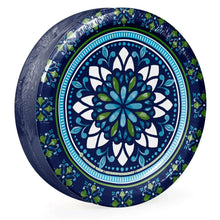 Blue paper plate with white ring and green floral mosaic medallion pattern