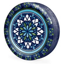 Round blue paper plate with circular mosaic medallion floral pattern