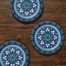 Set of three blue paper plates with circular mosaic medallion designs