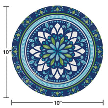 Blue paper plate with circular mosaic medallion design, 10-inch diameter shown