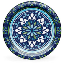 Blue paper plate with white and green mosaic medallion pattern, 10-inch