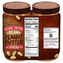 Two Member's Mark natural creamy peanut butter jars showing nutrition facts panels