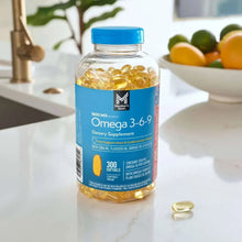 Omega 3-6-9 softgels bottle with blue cap, amber gel capsules inside