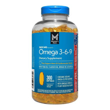 Omega 3-6-9 softgels bottle with blue cap and amber gel capsules