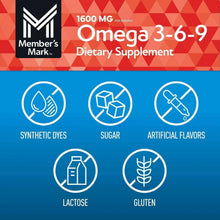 Omega 3-6-9 dietary supplement label with no synthetic dyes, sugar, artificial flavors
