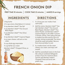French onion dip recipe card with ingredients and directions