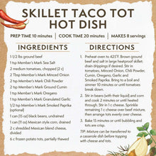 Skillet taco tot hot dish recipe card listing oregano among ingredients