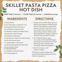 Skillet pasta pizza hot dish recipe card listing prep and cook times
