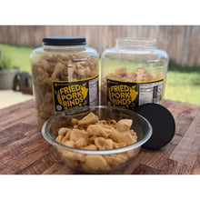 Fried pork rinds jars with pork rinds in a glass bowl