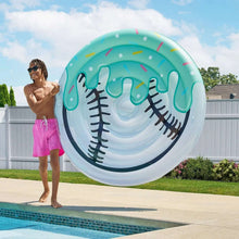 Oversized teal and white inflatable baseball pool float with black stitching
