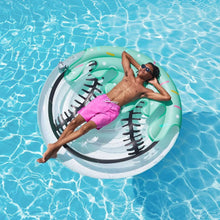 Teal and white inflatable baseball pool float ring with black stitching