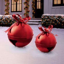Oversized red jingle bell décor set of 2 with ribbon bows on metal stands