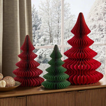 Paper honeycomb Christmas trees, red and green set of three