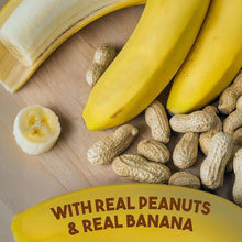 Bananas and peanuts next to dog treats, with text reading real peanuts and real banana