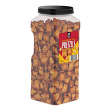 Peanut butter filled pretzels jar showing side label, black screw cap