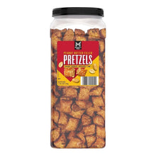 Peanut butter filled pretzels jar with front label, clear sides, black cap