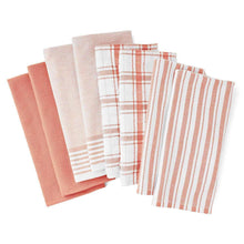 8-piece kitchen towel set with plaid and striped towels in warm peach and white