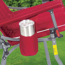 Red folding rocking chair armrest with mounted cup holder and fabric stripes detail.