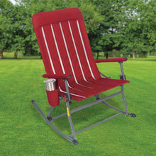 Red folding rocking chair with striped seat, gray frame, and cup holder on armrest.