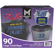 Heavy-duty 33-gallon trash bag box with 90-count pack, black bags, power flex branding