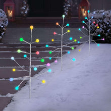 Pre-lit pathway lights set of 3, white branch trees with multicolor glowing bulbs