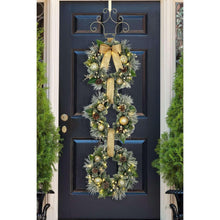 Pre-lit three-tier wreath door hanger with gold ribbon, pine greenery and baubles