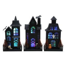 Pre-lit metal Halloween houses set of 3, glowing blue and purple window lights