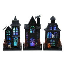 Set of 3 pre-lit metal Halloween houses with blue and green glowing windows, pumpkin and RIP